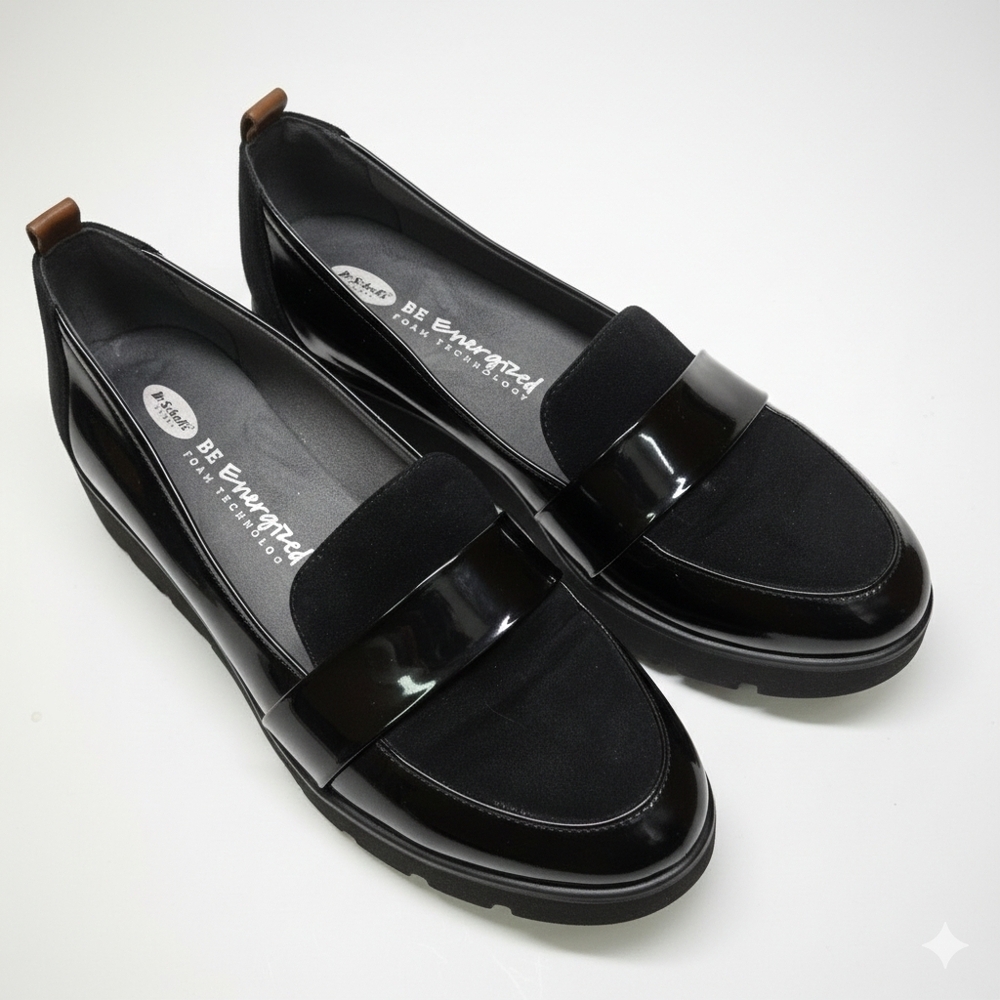 Dr. Scholl's Black Suede Patent Leather Slip On Flat Wedge Women's 9.5 Shoe B1